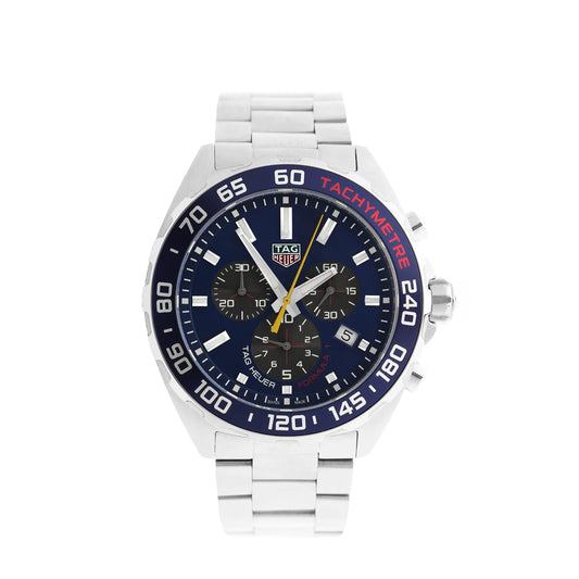 TAG Heuer Formula 1 CAZ101AB.BA0842 Red Bull Racing stainless steel chronograph watch with a navy blue dial, three subdials, date window, and tachymeter bezel.