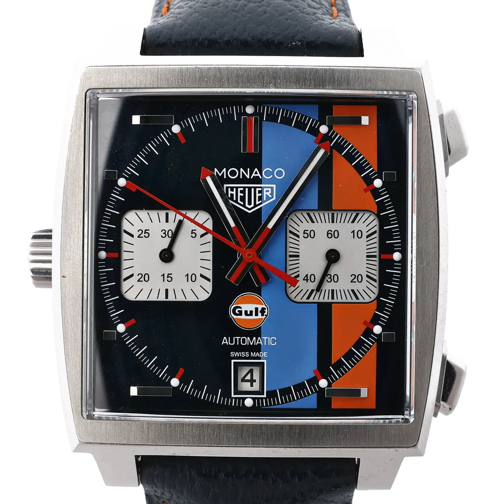 TAG Heuer Monaco Gulf Special Edition CAW211R.FC6401 WMY9310 SS x Leather AT Watch with Blue Dial