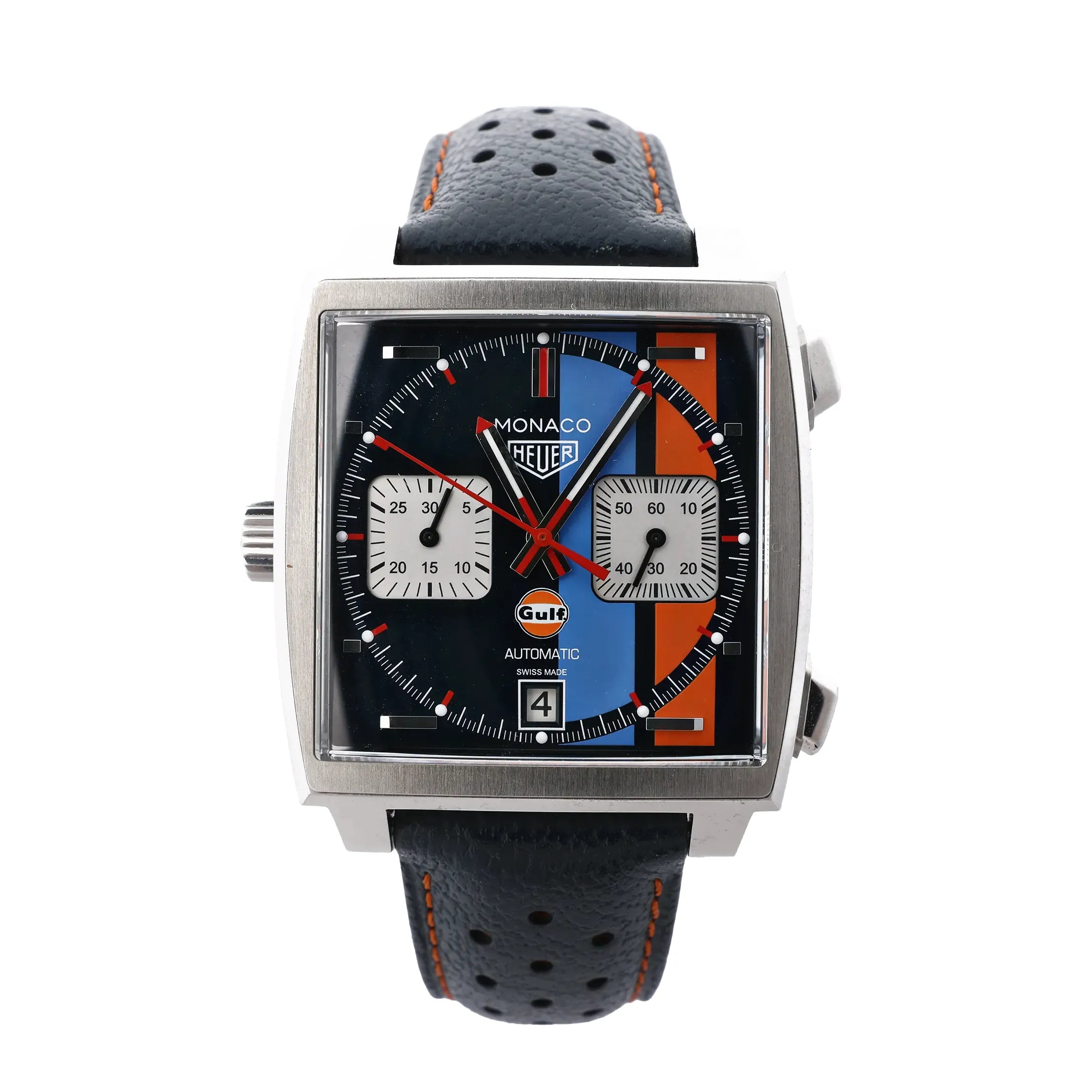 TAG Heuer Monaco Gulf Special Edition watch with square stainless steel case, blue orange black chronograph dial and black perforated leather strap.