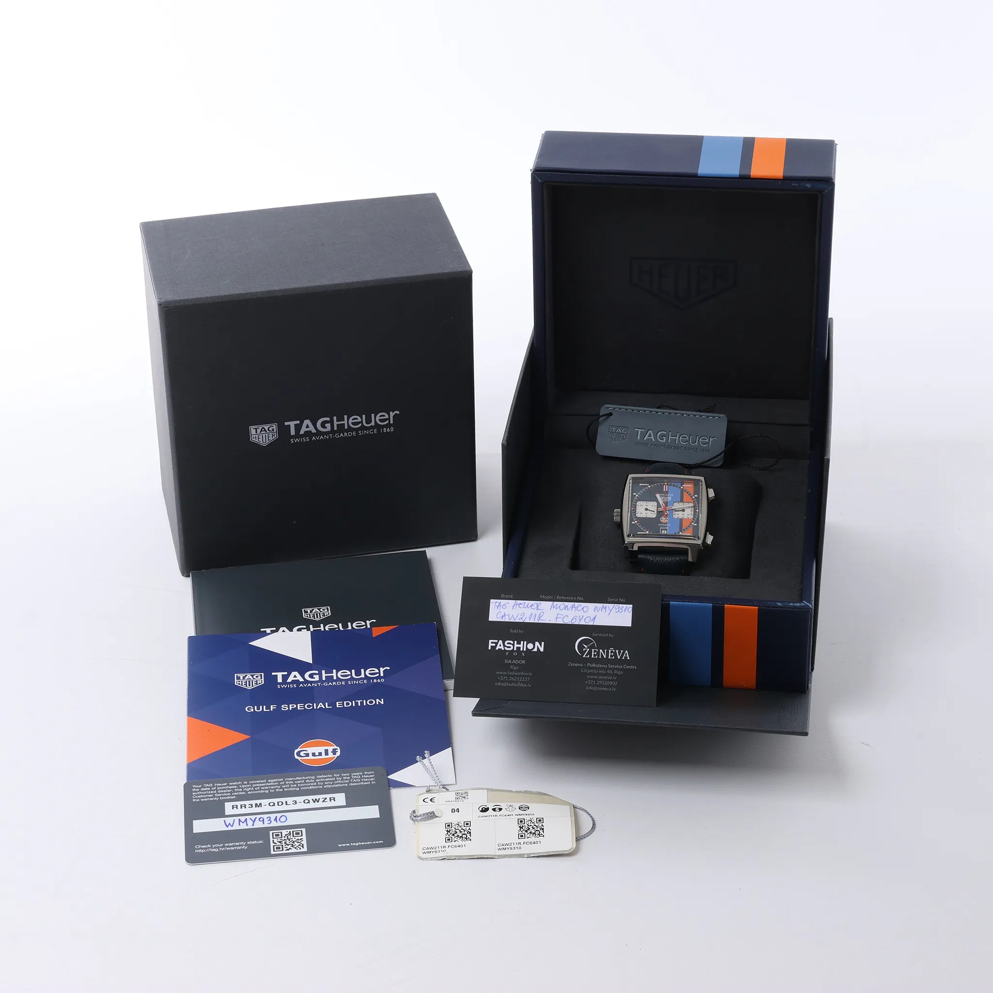 Reloj TAG Heuer Monaco Gulf Edición Especial CAW211R.FC6401 WMY9310 de acero inoxidable y cuero con esfera azul y movimiento automático
