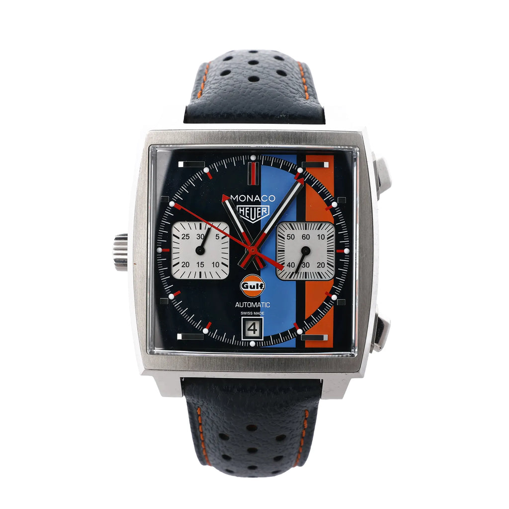 TAG Heuer Monaco Gulf Special Edition watch with square stainless steel case, blue orange black chronograph dial and black perforated leather strap.