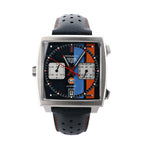 TAG Heuer Monaco Gulf Special Edition watch with square stainless steel case, blue orange black chronograph dial and black perforated leather strap.