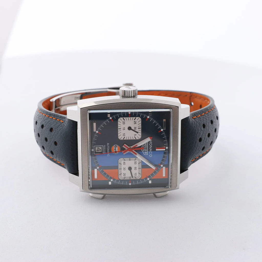 TAG Heuer Monaco Gulf Special Edition CAW211R.FC6401 WMY9310 SS x Leather AT Watch with Blue Dial