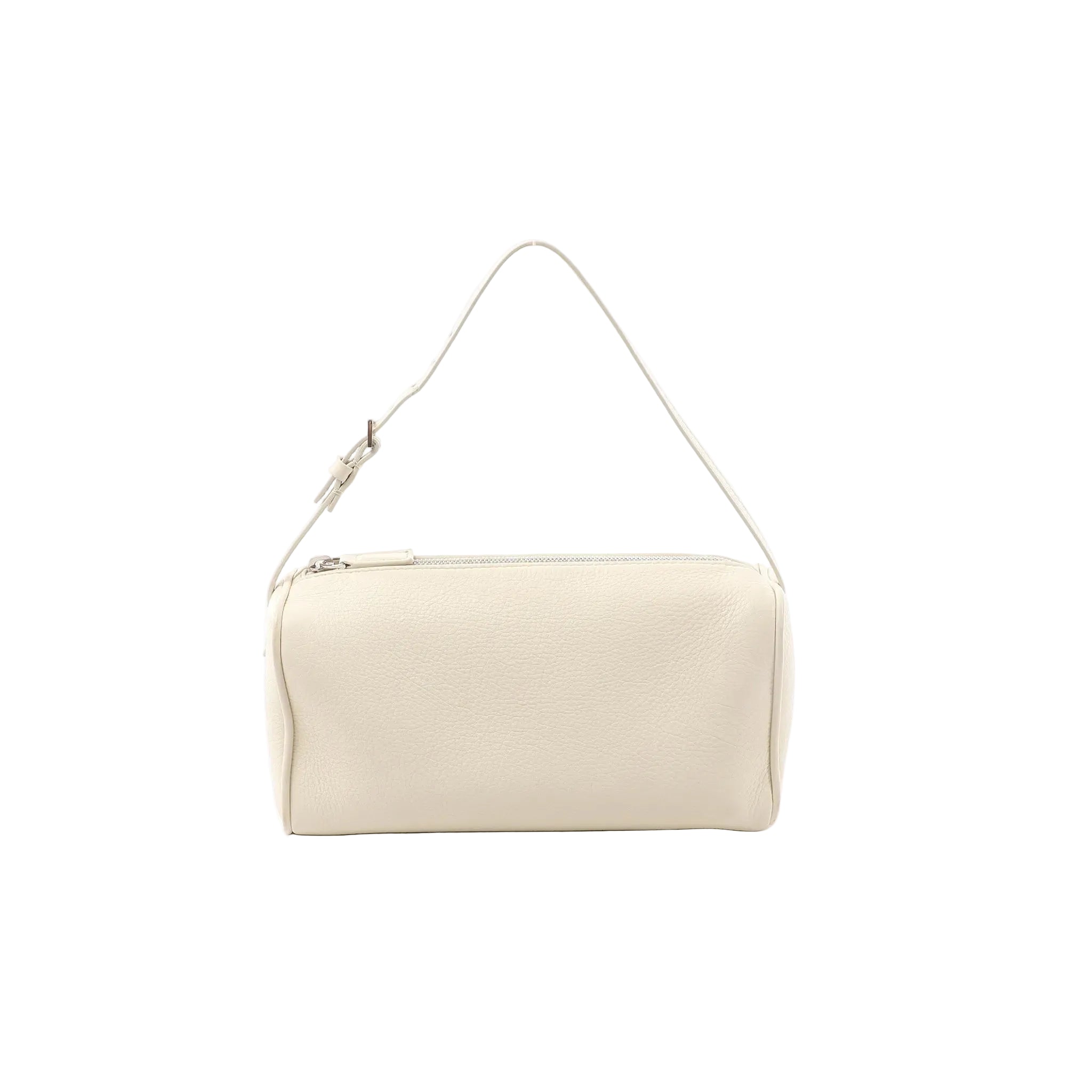 White leather The Row 90’s handbag with zip-top closure, slim shoulder strap, and smooth rectangular silhouette on a white background.