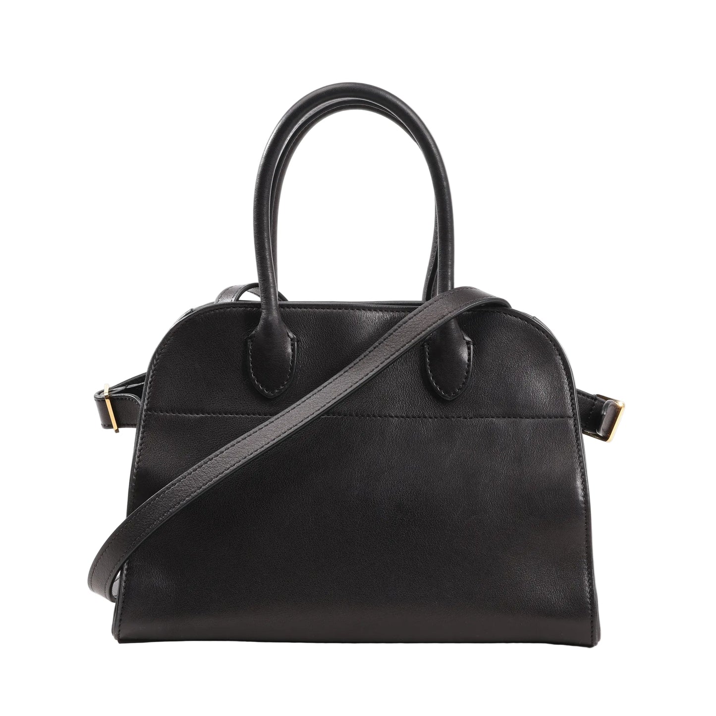 Front view of The Row Soft Margaux 10 handbag in black smooth leather featuring a structured yet soft silhouette, dual top handles, and a detachable shoulder strap with gold-tone hardware.