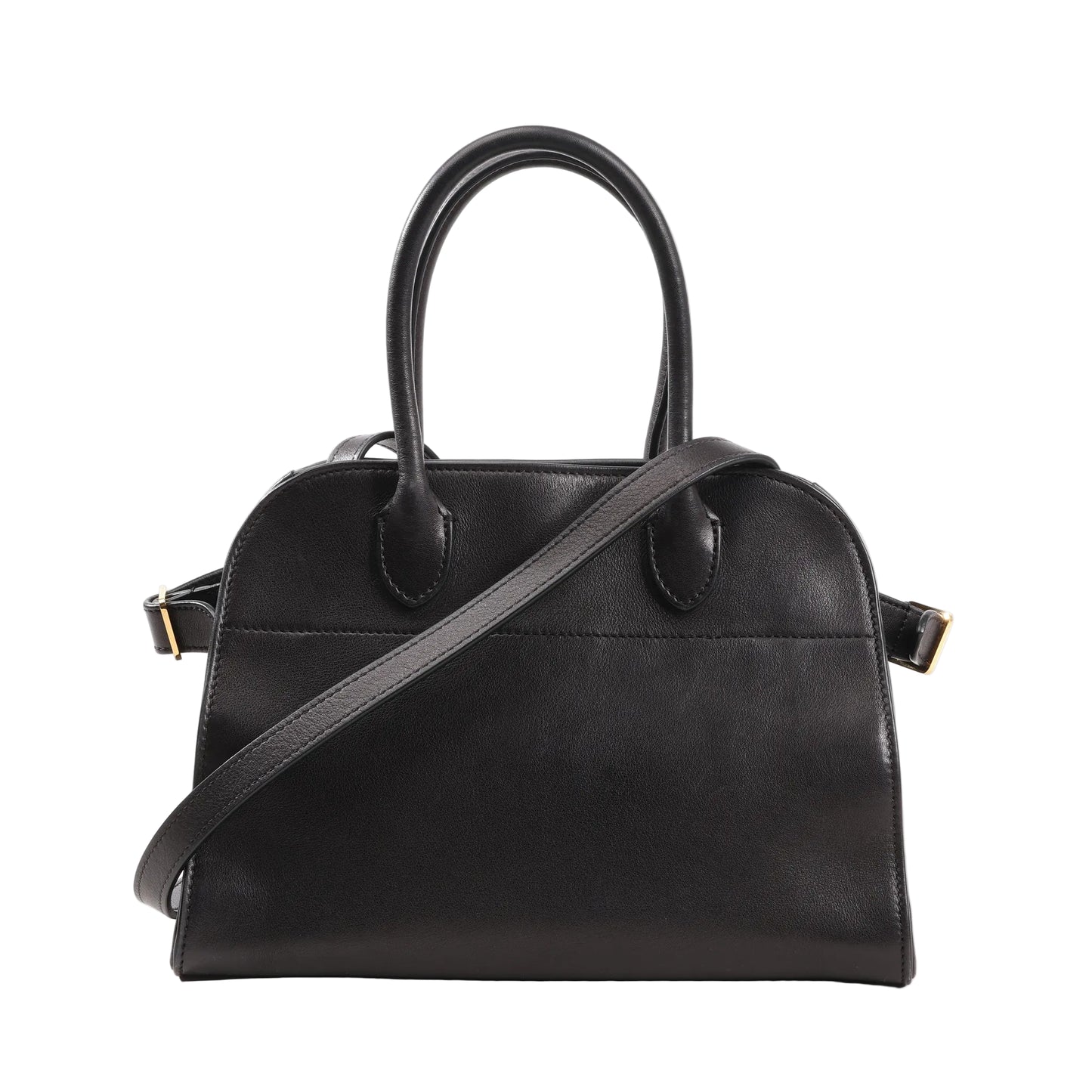 Front view of The Row Soft Margaux 10 handbag in black smooth leather featuring a structured yet soft silhouette, dual top handles, and a detachable shoulder strap with gold-tone hardware.