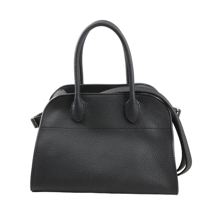 The Row Soft Margaux 10 handbag in black grained leather featuring a softly structured shape, dual top handles, and detachable shoulder strap for versatile carrying.