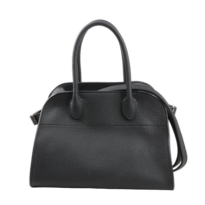 The Row Soft Margaux 10 handbag in black grained leather featuring a softly structured shape, dual top handles, and detachable shoulder strap for versatile carrying.