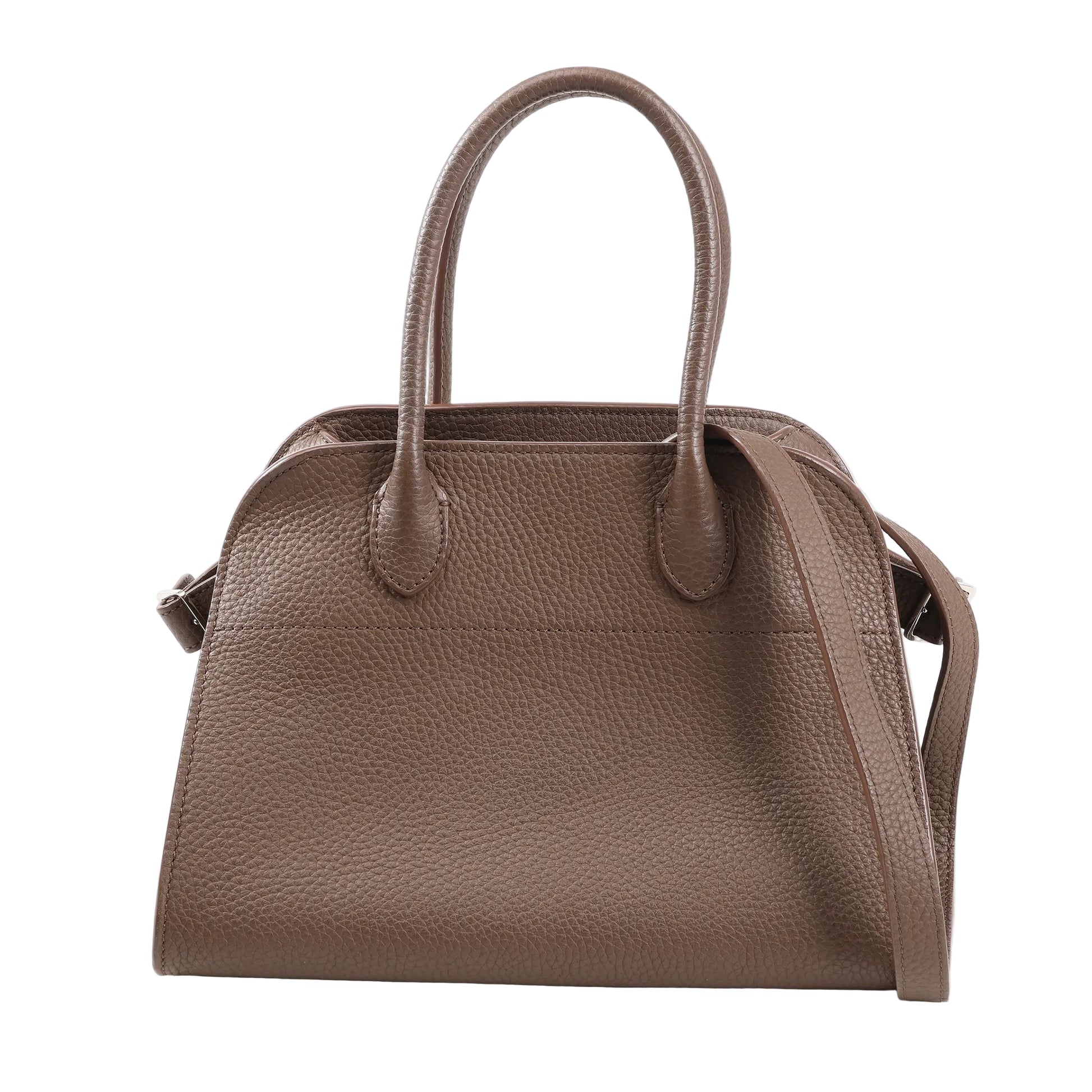 The Row Soft Margaux 10 handbag in brown grained leather featuring a softly structured shape, dual top handles, and a detachable shoulder strap for 2-way wear.