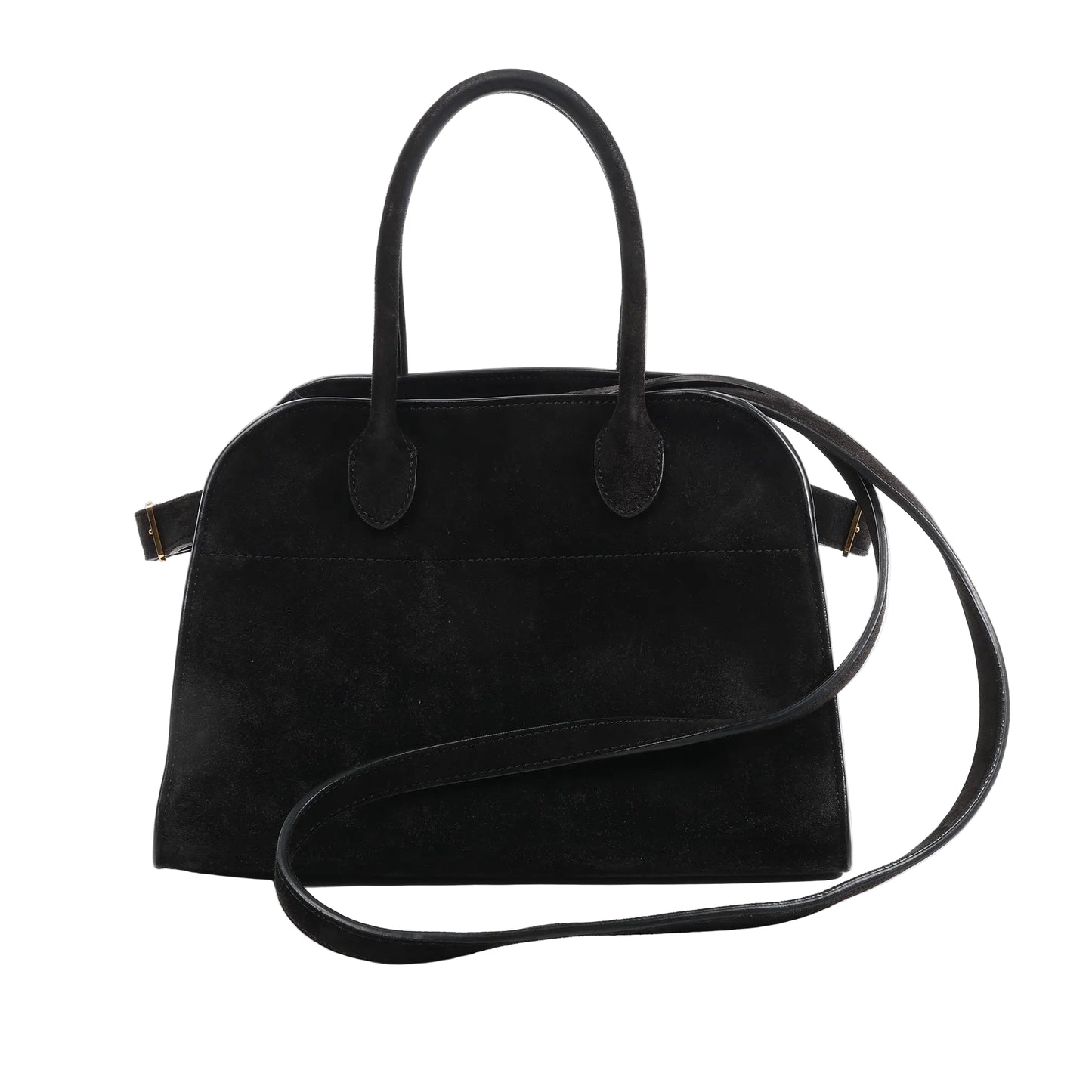 The Row Soft Margaux 10 2Way Handbag in black suede with curved top handles, long shoulder strap, and structured silhouette, displayed against a white background.