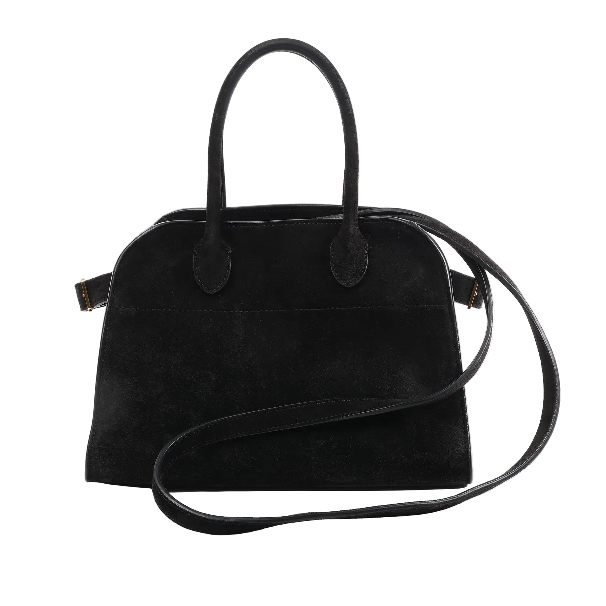 The Row Soft Margaux 10 2Way Handbag in black suede with curved top handles, long shoulder strap, and structured silhouette, displayed against a white background.