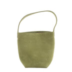 The Row Park Tote Small shoulder bag in olive green grained leather with a slim strap, open top and softly structured shape.