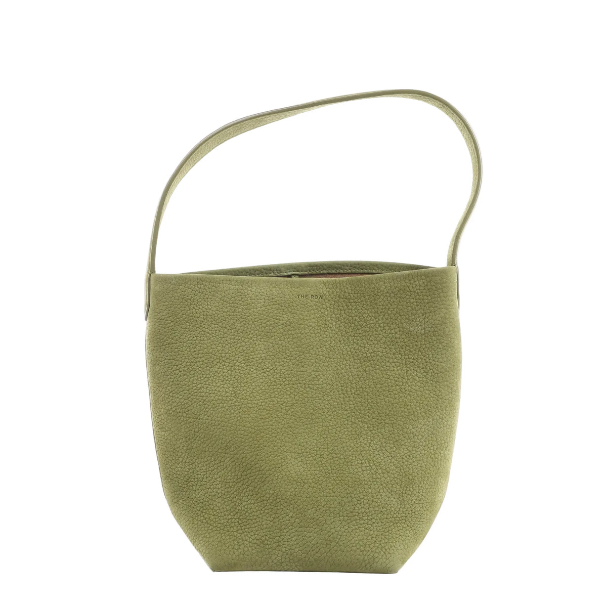The Row Park Tote Small shoulder bag in olive green grained leather with a slim strap, open top and softly structured shape.