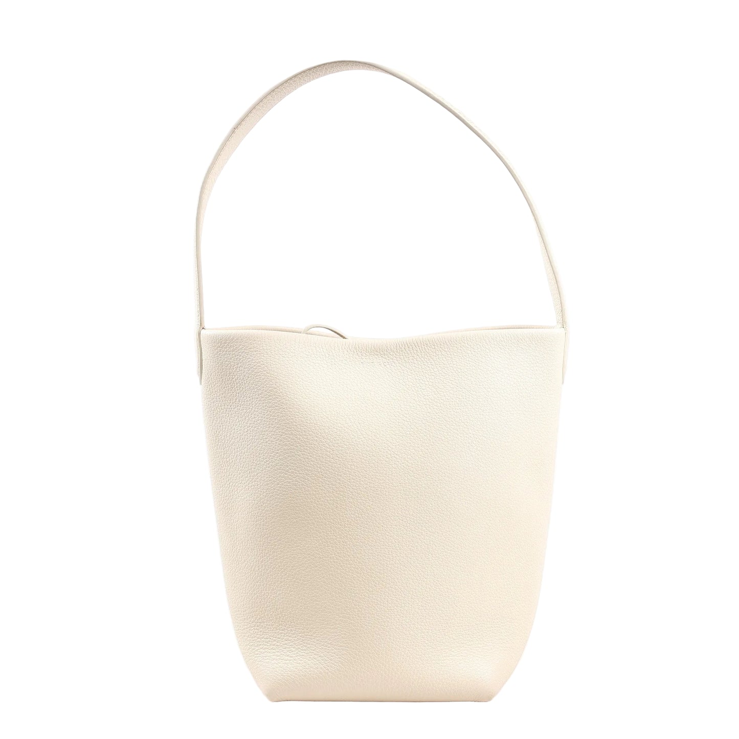 The Row Park Tote Small shoulder bag in ecru grained leather featuring a curved, unstructured silhouette, single wide strap, and minimalist design without visible hardware.