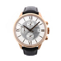 Tissot Chemin des Tourelles automatic chronograph with a rose gold-tone case, silver dial, Roman numerals, date window and black leather strap.