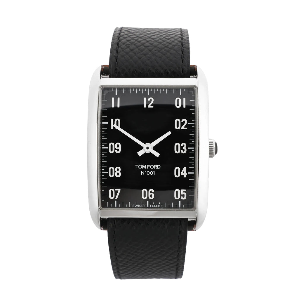 Tom Ford N.001 TFT001003 watch featuring a rectangular stainless steel case, bold black dial with white numerals, and a textured black leather strap.