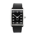 Tom Ford N.001 TFT001003 watch featuring a rectangular stainless steel case, bold black dial with white numerals, and a textured black leather strap.