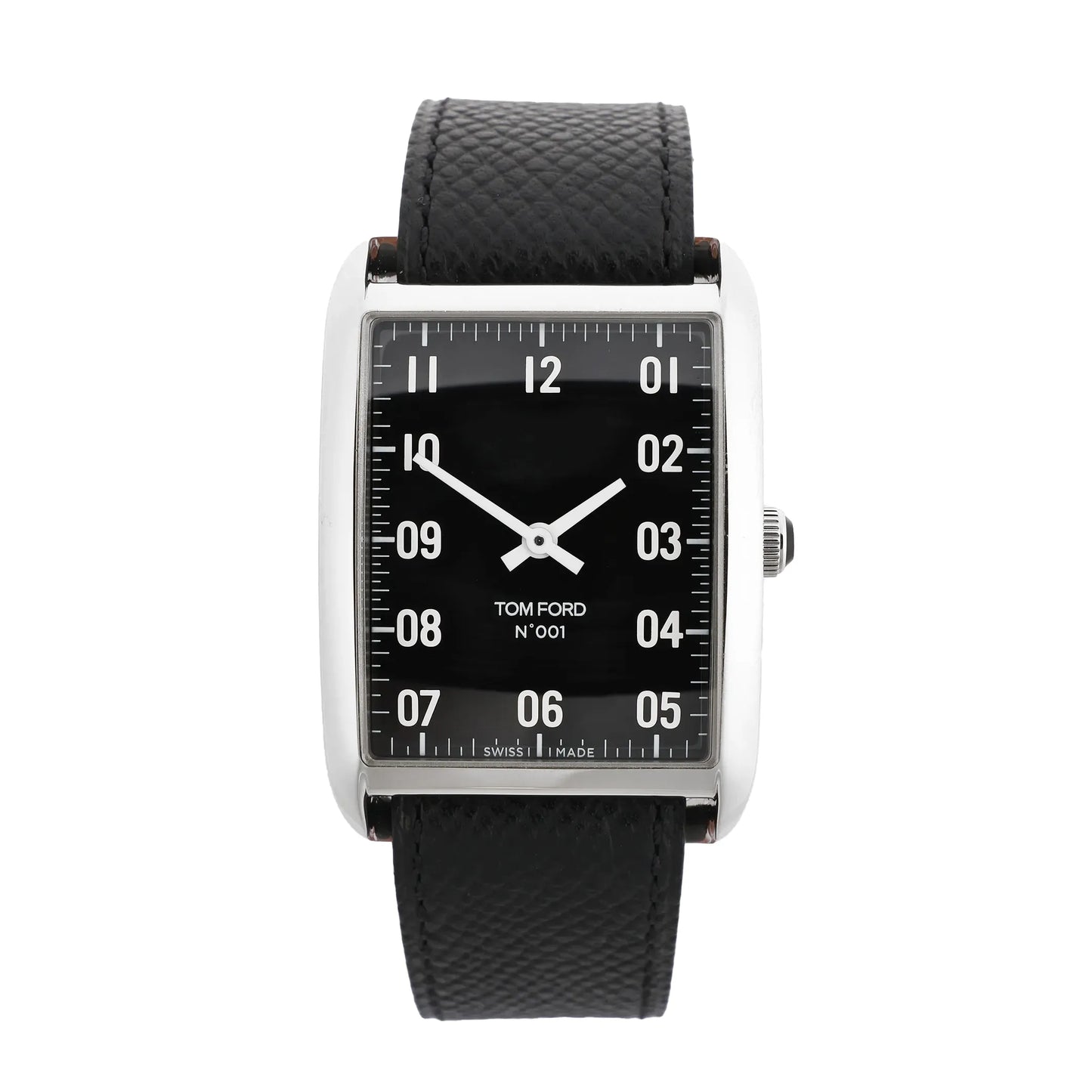 Tom Ford N.001 TFT001003 watch featuring a rectangular stainless steel case, bold black dial with white numerals, and a textured black leather strap.