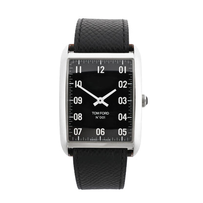 Tom Ford N.001 TFT001003 watch featuring a rectangular stainless steel case, bold black dial with white numerals, and a textured black leather strap.