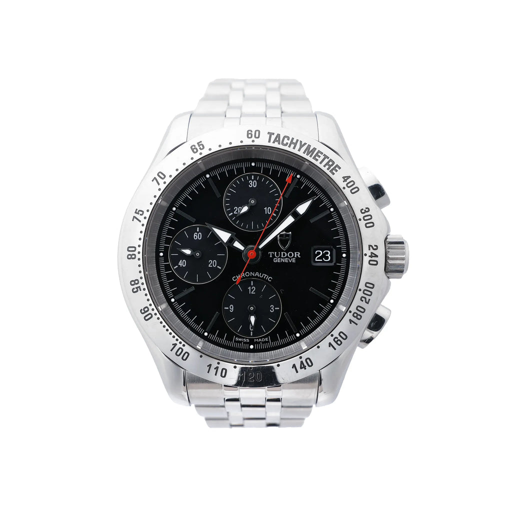 Tudor Chronautic 79380P automatic chronograph watch with black dial, stainless steel tachymeter bezel, red central chronograph hand, date display and stainless steel bracelet.