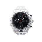 Tudor Chronautic 79380P automatic chronograph watch with black dial, stainless steel tachymeter bezel, red central chronograph hand, date display and stainless steel bracelet.