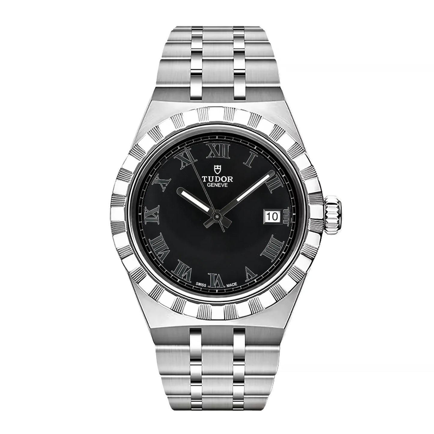 Tudor Royal 28500 watch featuring a stainless steel case and bracelet, black dial with silver Roman numerals, fluted bezel, and date display at 3 o'clock.