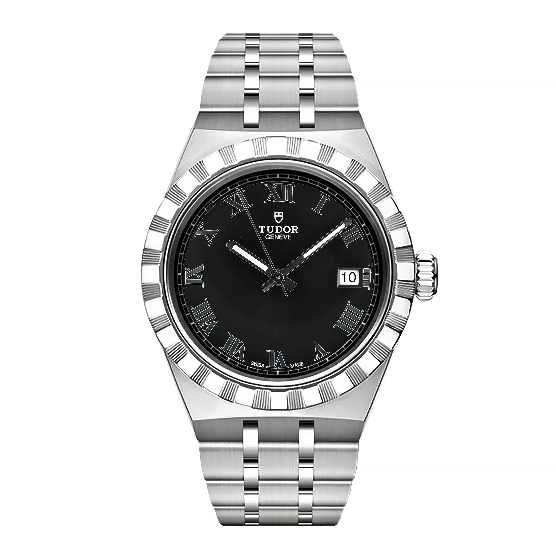 Tudor Royal 28500 watch featuring a stainless steel case and bracelet, black dial with silver Roman numerals, fluted bezel, and date display at 3 o'clock.