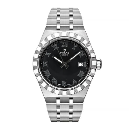 Tudor Royal 28500 watch featuring a stainless steel case and bracelet, black dial with silver Roman numerals, fluted bezel, and date display at 3 o'clock.