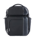 Tumi Arrivé Barker black fabric backpack with multiple front zip compartments, structured black trim, silver-tone zippers and top carry handle.