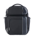 Tumi Arrivé Barker black fabric backpack with multiple front zip compartments, structured black trim, silver-tone zippers and top carry handle.