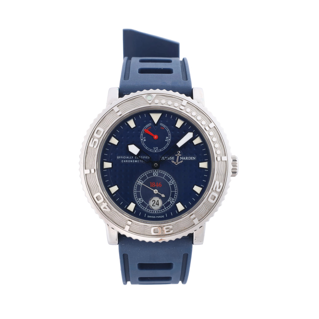 Ulysse Nardin Maxi Marine 263-58 AT watch with blue dial, silver-tone case and blue strap, front view.