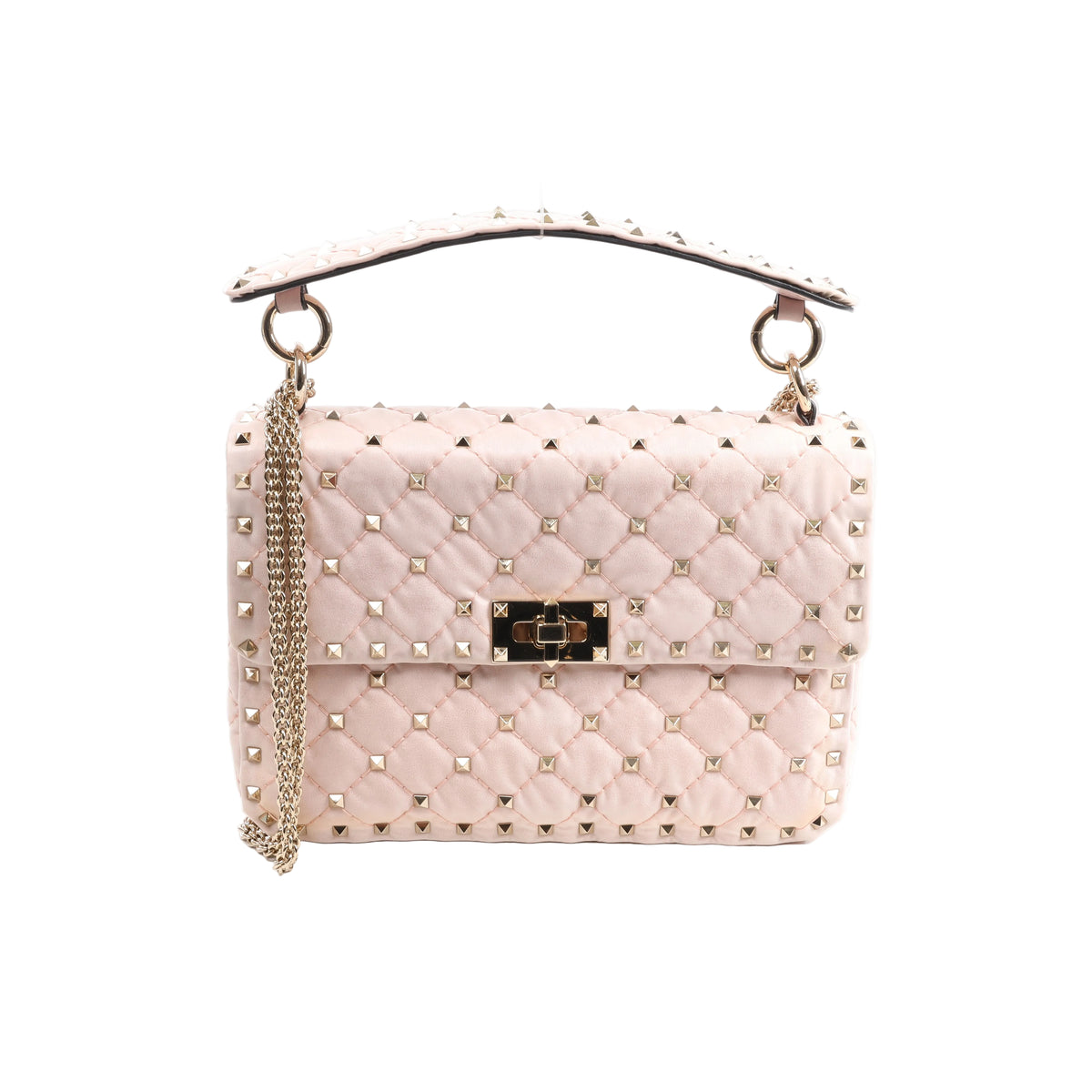 Pink Valentino Garavani Rockstud Spike leather bag with diamond quilting, pyramid studs, studded top handle, chain strap and turn-lock closure.