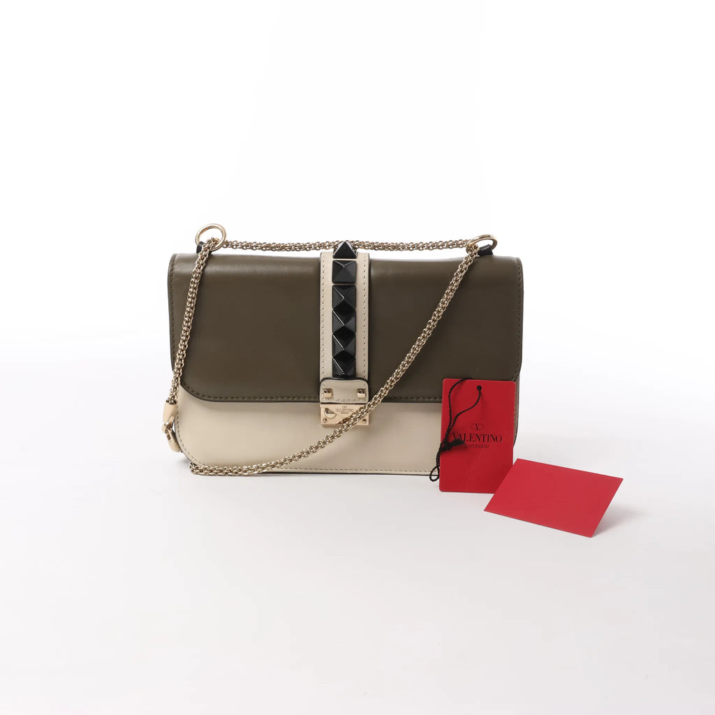 Valentino Rockstud Glam Lock Leather Chain Crossbody Bag in Green x Beige