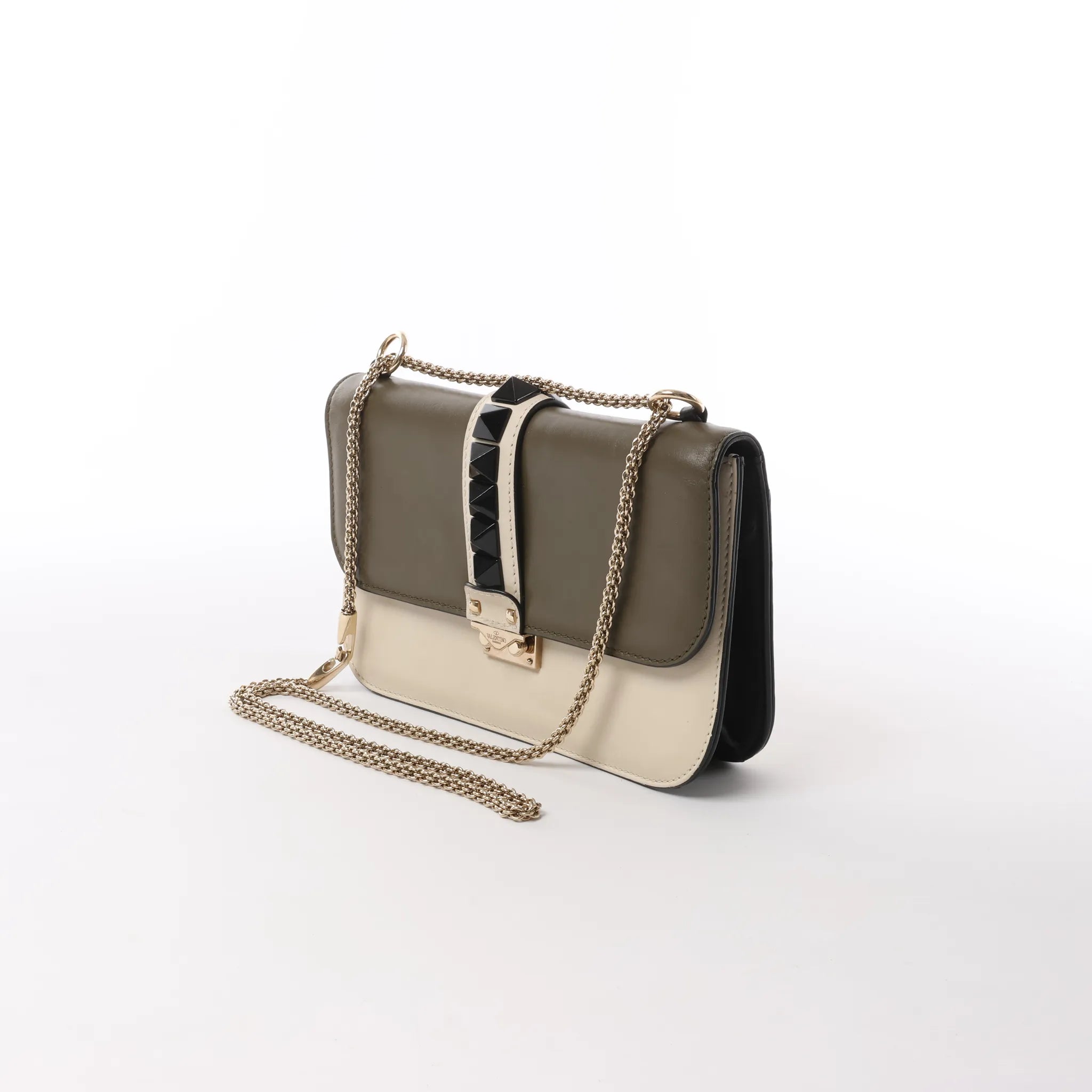 Valentino Rockstud Glam Lock Leather Chain Crossbody Bag in Green x Beige