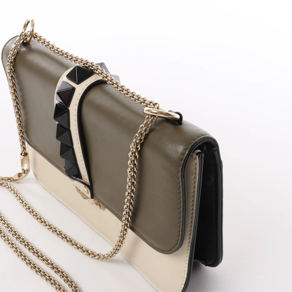 Valentino Rockstud Glam Lock Leather Chain Crossbody Bag in Green x Beige