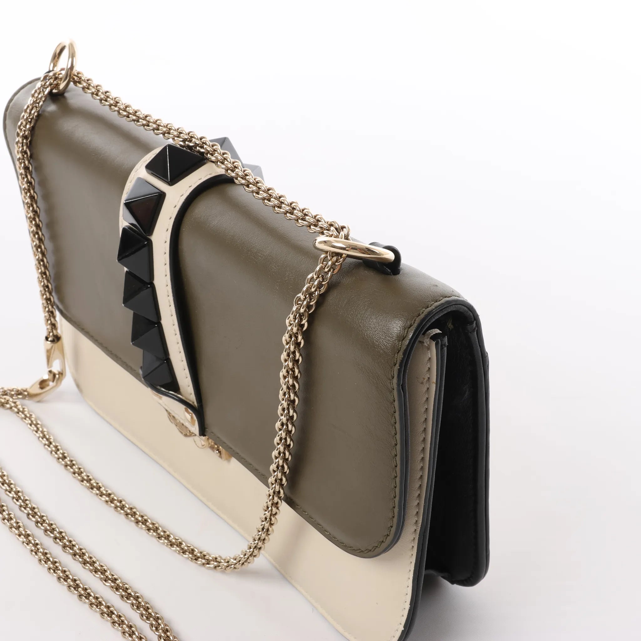 Valentino Rockstud Glam Lock Leather Chain Crossbody Bag in Green x Beige
