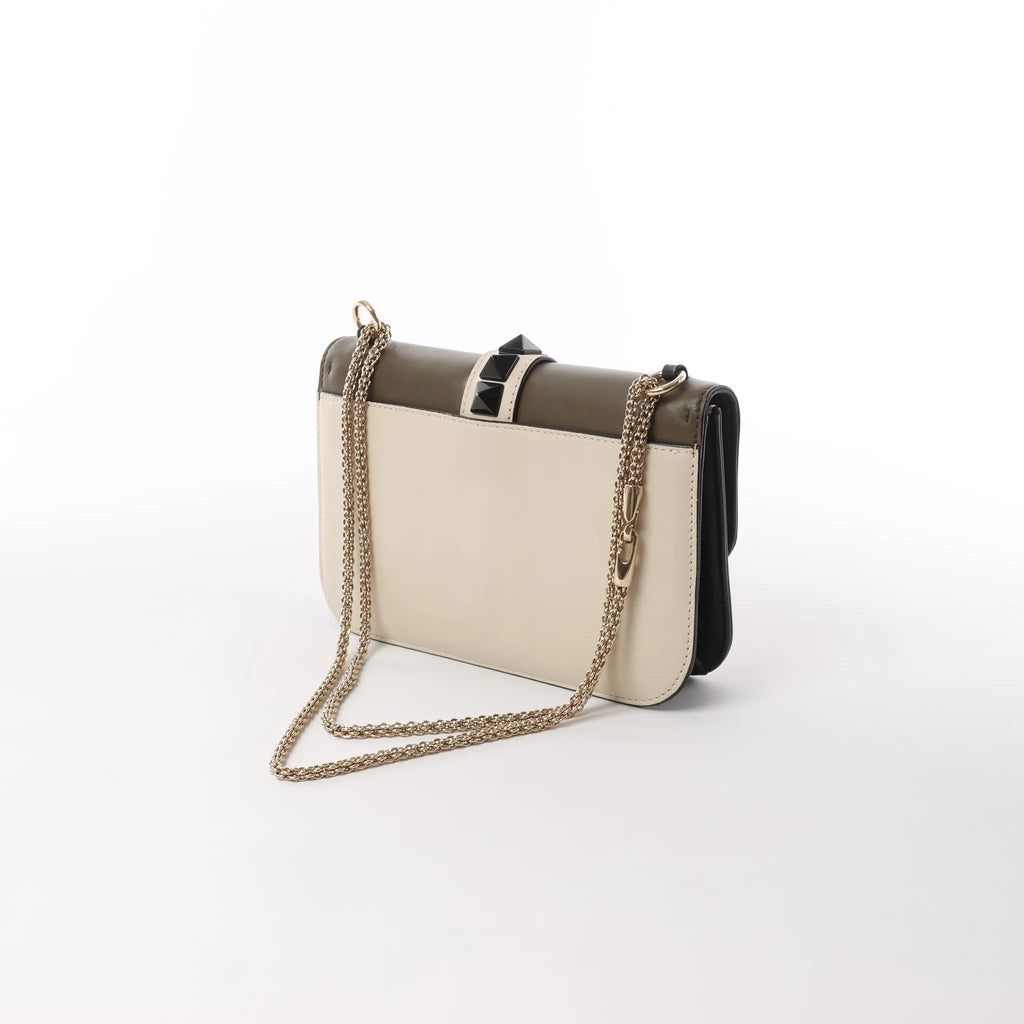 Valentino Rockstud Glam Lock Leather Chain Crossbody Bag in Green x Beige