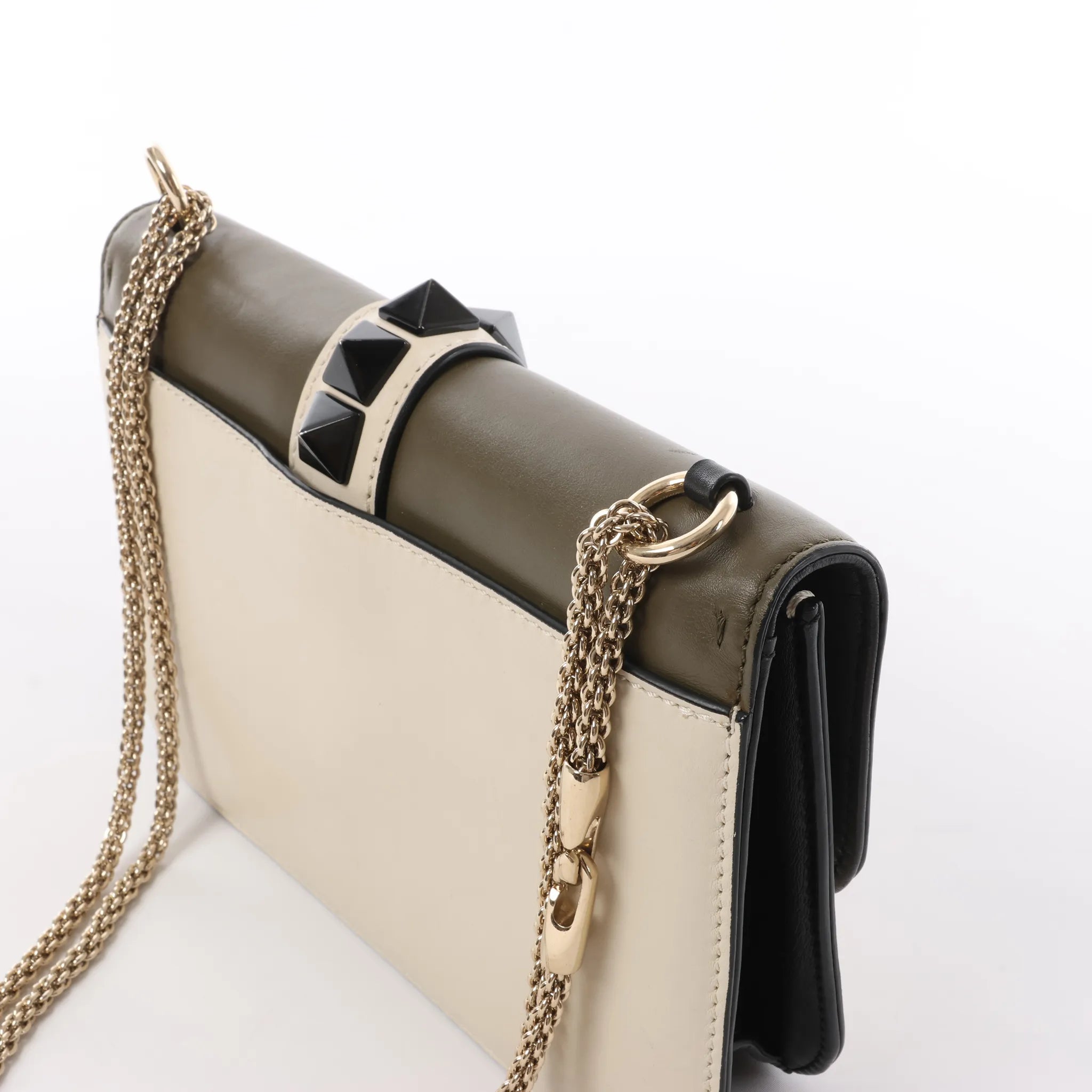 Valentino Rockstud Glam Lock Leather Chain Crossbody Bag in Green x Beige