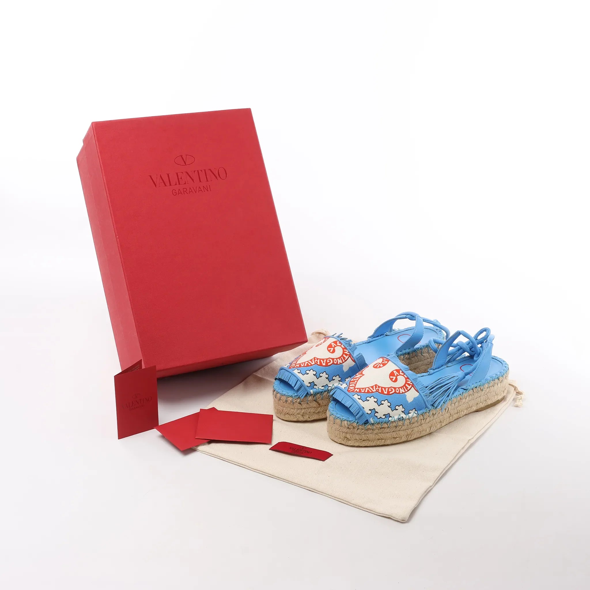Valentino Garavani Tassels Fringe Canvas & Leather Espadrilles Sandals in Blue, Size 37 EU