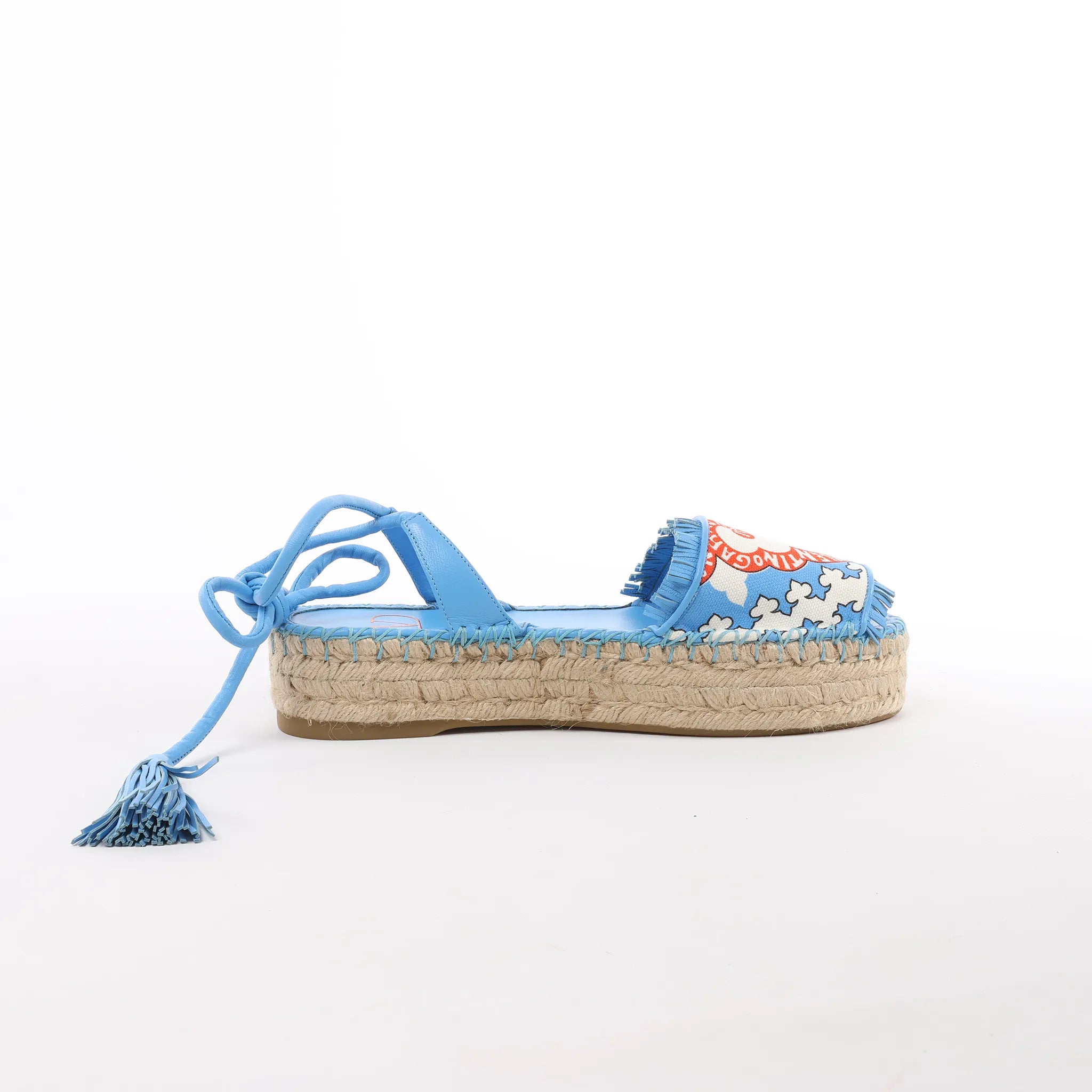Valentino Garavani Tassels Fringe Canvas & Leather Espadrilles Sandals in Blue, Size 37 EU