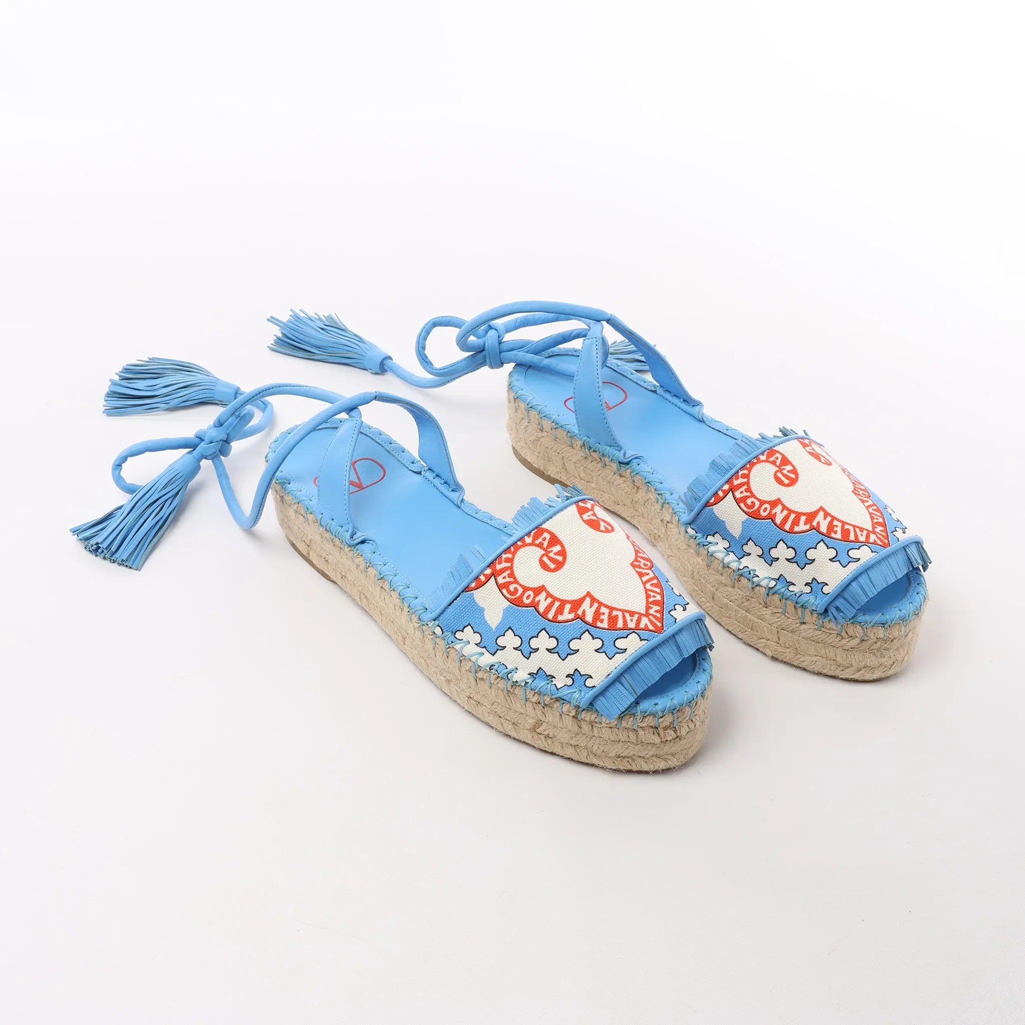 Valentino Garavani Tassels Fringe Canvas & Leather Espadrilles Sandals in Blue, Size 37 EU