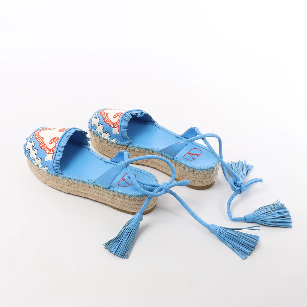 Valentino Garavani Tassels Fringe Canvas & Leather Espadrilles Sandals in Blue, Size 37 EU