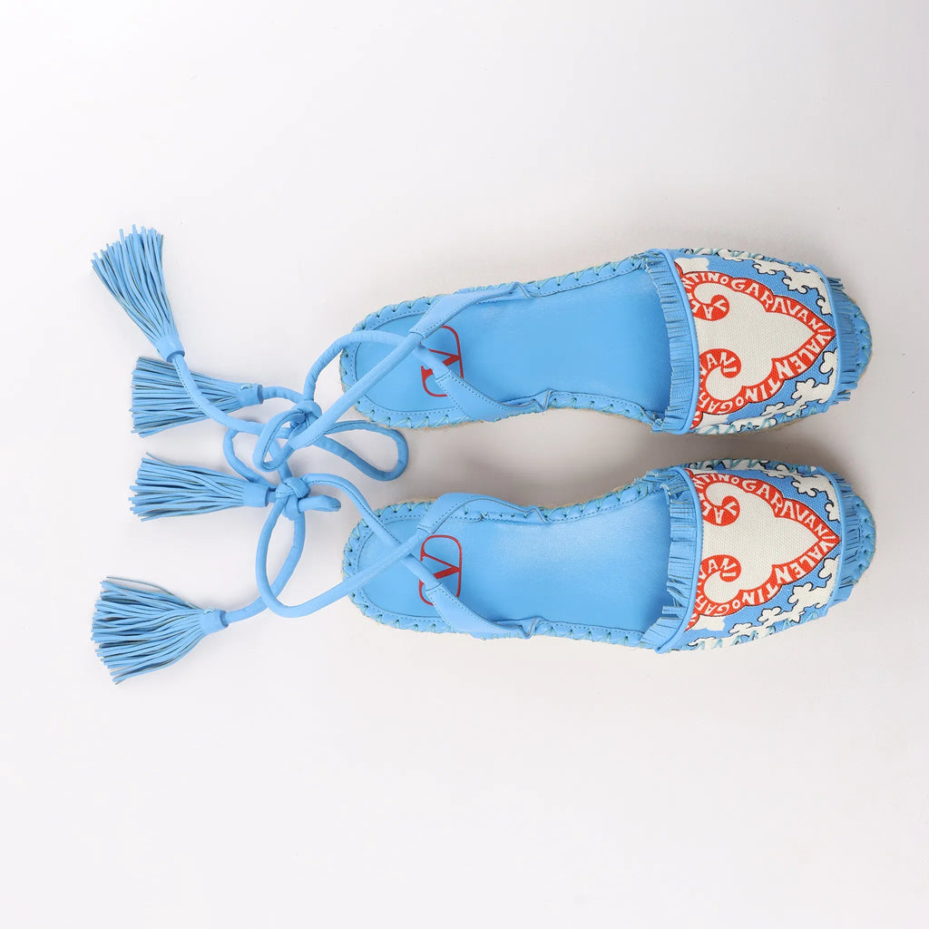 Valentino Garavani Tassels Fringe Canvas & Leather Espadrilles Sandals in Blue, Size 37 EU