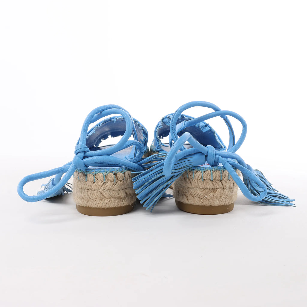 Valentino Garavani Tassels Fringe Canvas & Leather Espadrilles Sandals in Blue, Size 37 EU