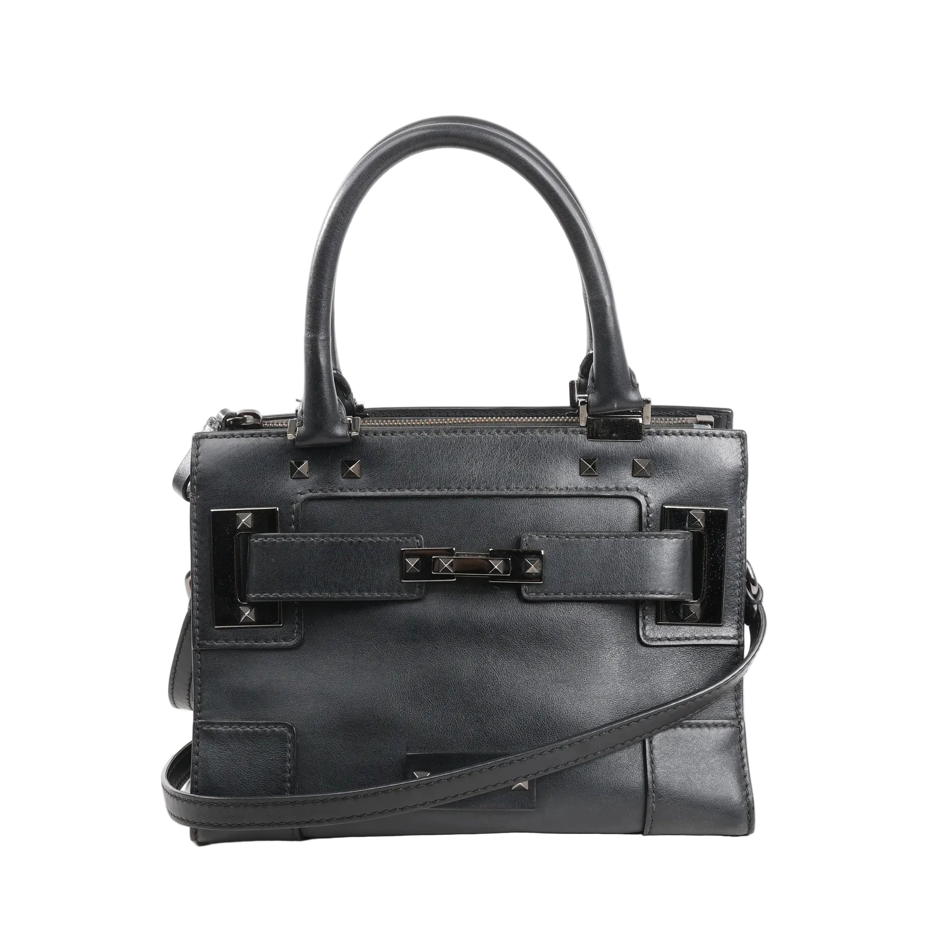 Valentino Garavani Rockstud handbag in smooth black leather with top handles, adjustable shoulder strap, and gunmetal stud detailing on the front and corners.