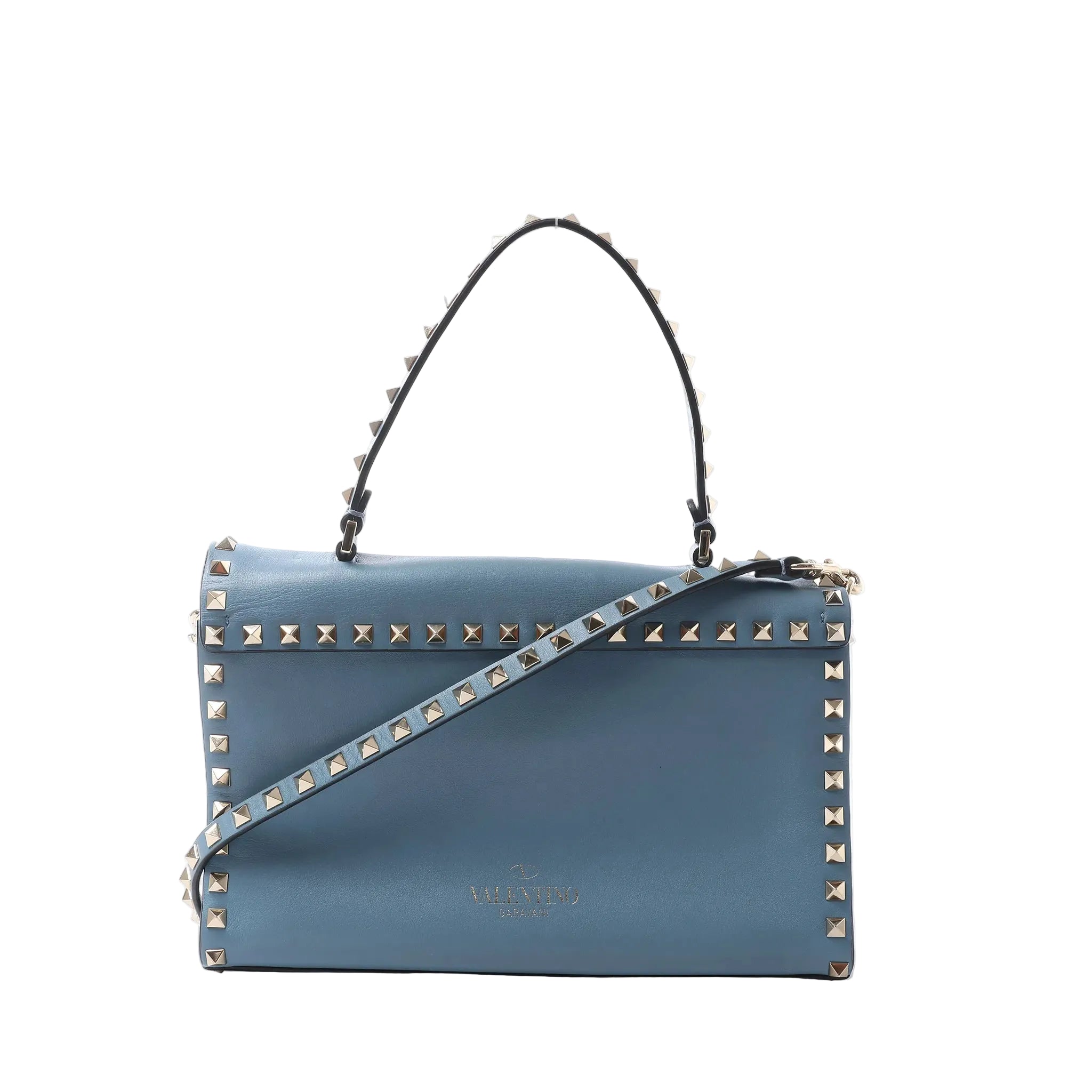 Valentino Rockstud handbag in blue leather with gold-tone pyramid studs, top handle and detachable shoulder strap.