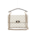 Valentino Garavani white quilted leather shoulder bag with gold-tone pyramid studs, studded top handle, chain strap and turn-lock closure.