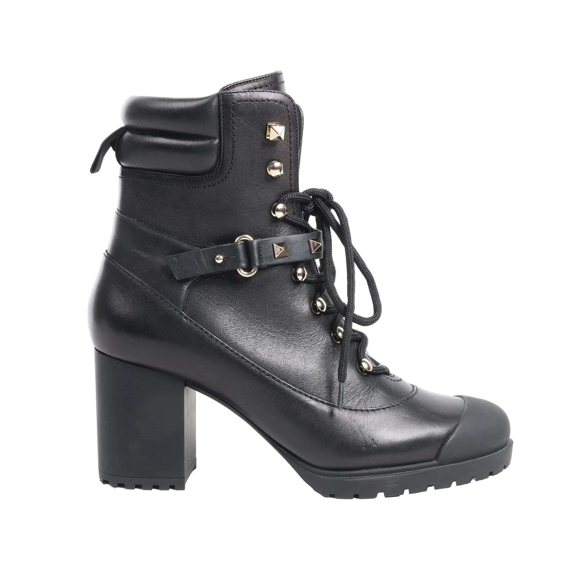 Side view of a black Valentino Garavani Rockstuds leather ankle boot in size 37 EU, showcasing lace-up design, gold-tone pyramid studs, padded collar, and a high block heel with a rugged rubber sole on a white background.