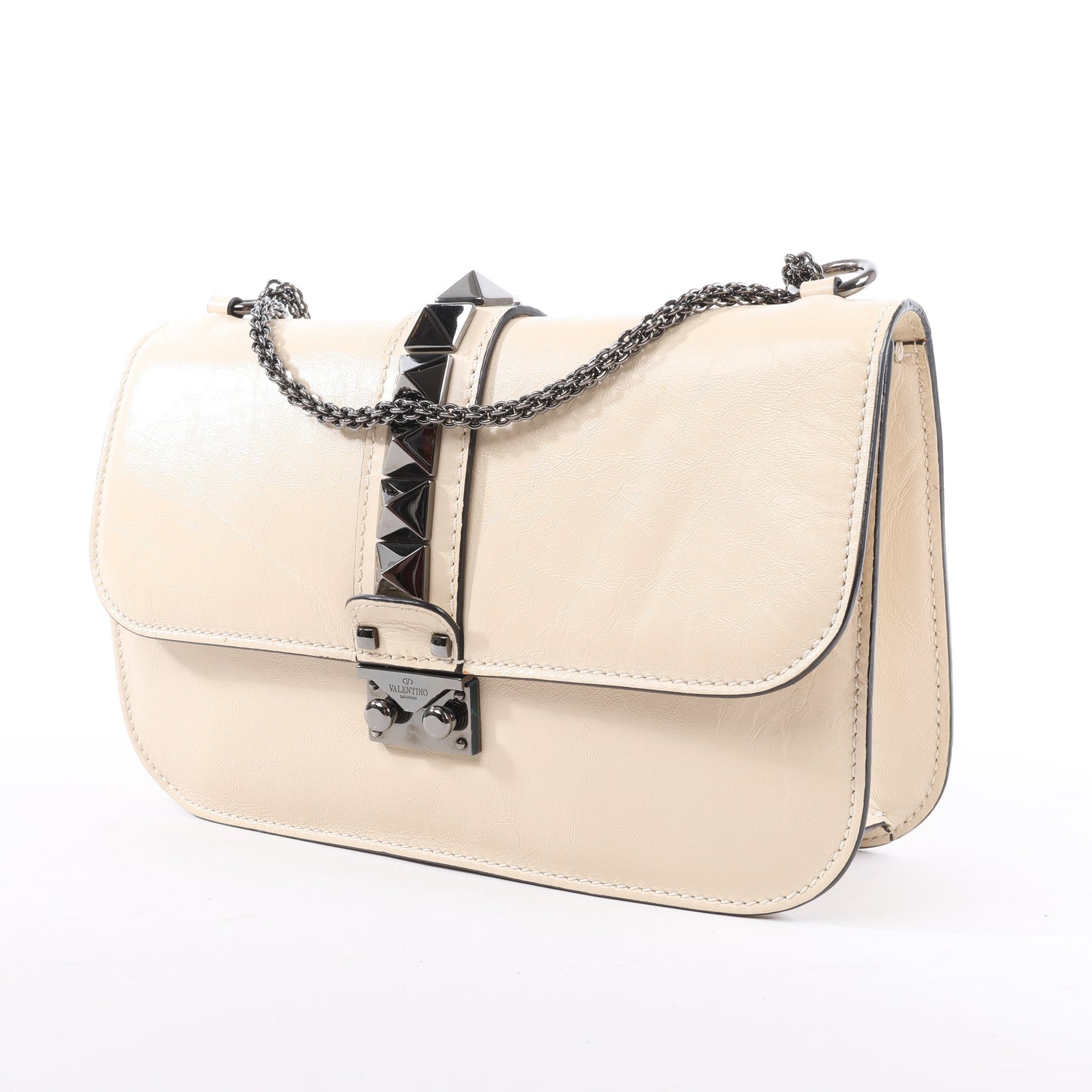 Valentino Rockstud Glam Lock Leather Chain Shoulder Bag in Beige