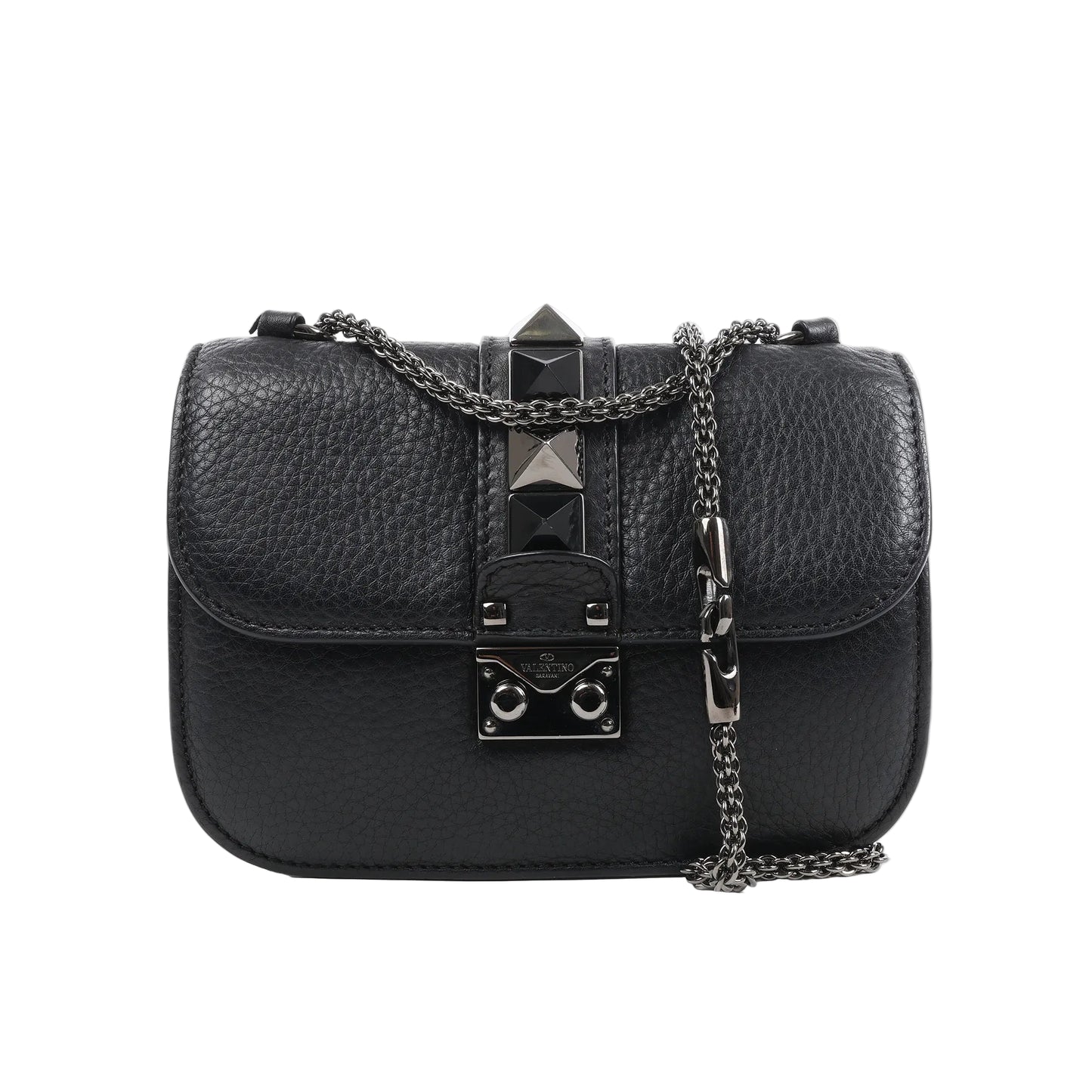 Valentino Rockstud Glam Lock shoulder bag in black grained leather with pyramid stud accents, flap closure with metal lock, and silver-tone chain strap against a white background.